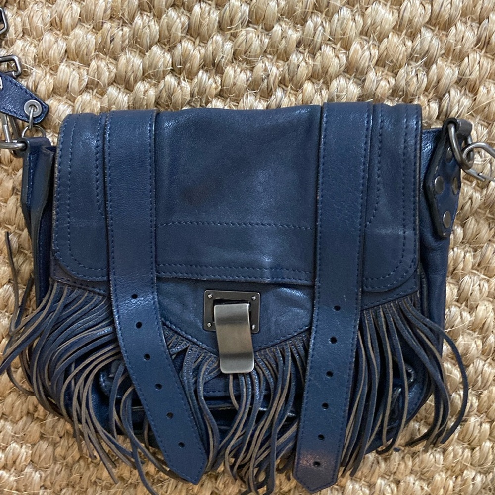 RARE Proenza Schouler PS1 Leather Fringe Pouch navy Crossbody Bag